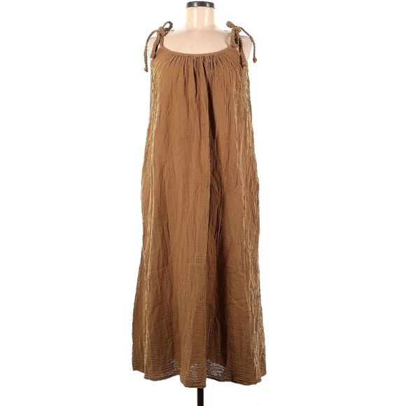 Xirena Cotton Gauze Brown Trapeze Tie Strap maxi Dress with Pockets M - Picture 3 of 11